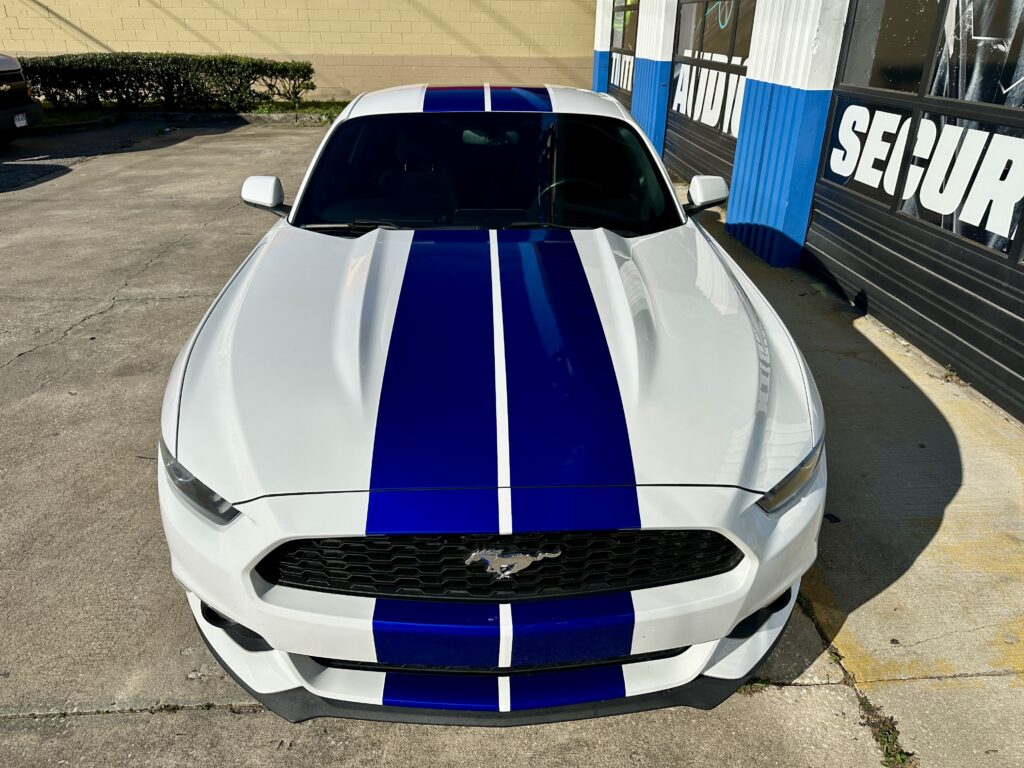 Ford Mustang Racing Stripes installed at Audio Designs & Custom Graphics in Jacksonville, Florida