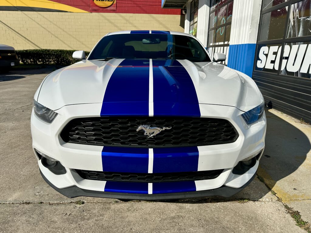 Ford Mustang Racing Stripes installed at Audio Designs & Custom Graphics in Jacksonville, Florida