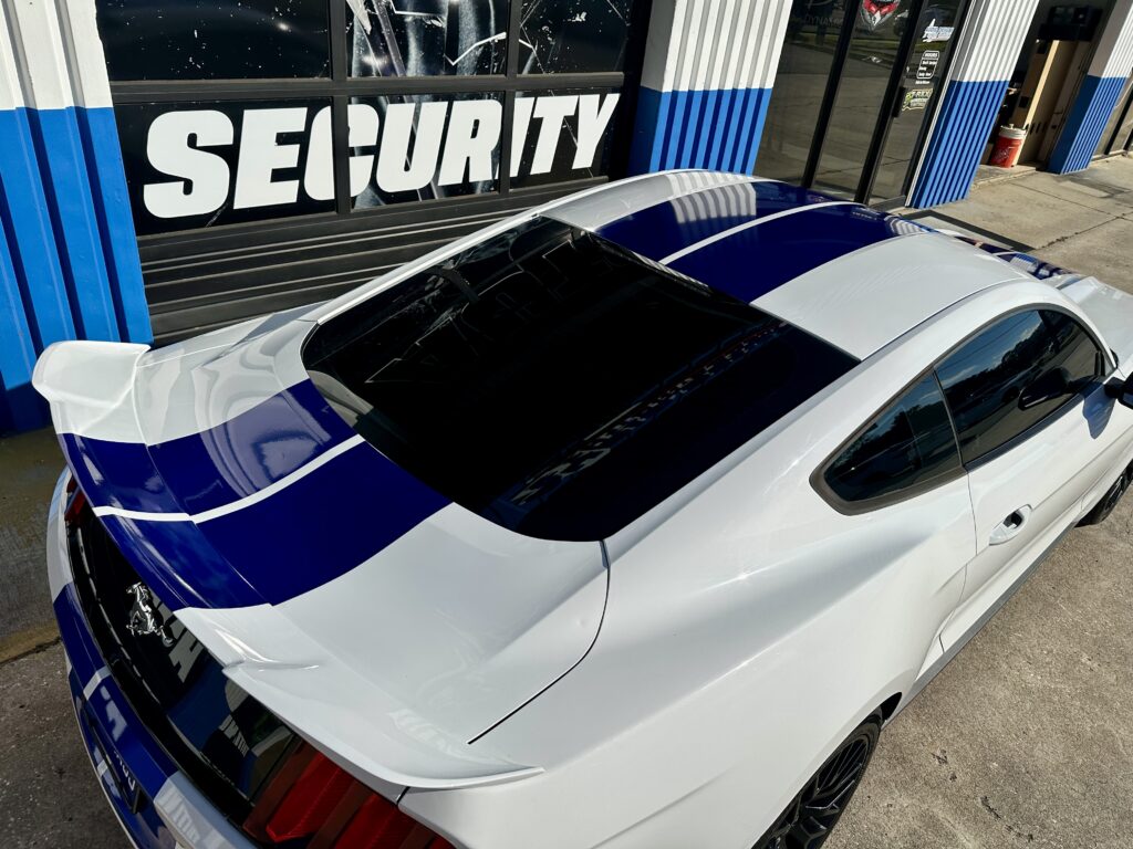 Ford Mustang Racing Stripes installed at Audio Designs & Custom Graphics in Jacksonville, Florida