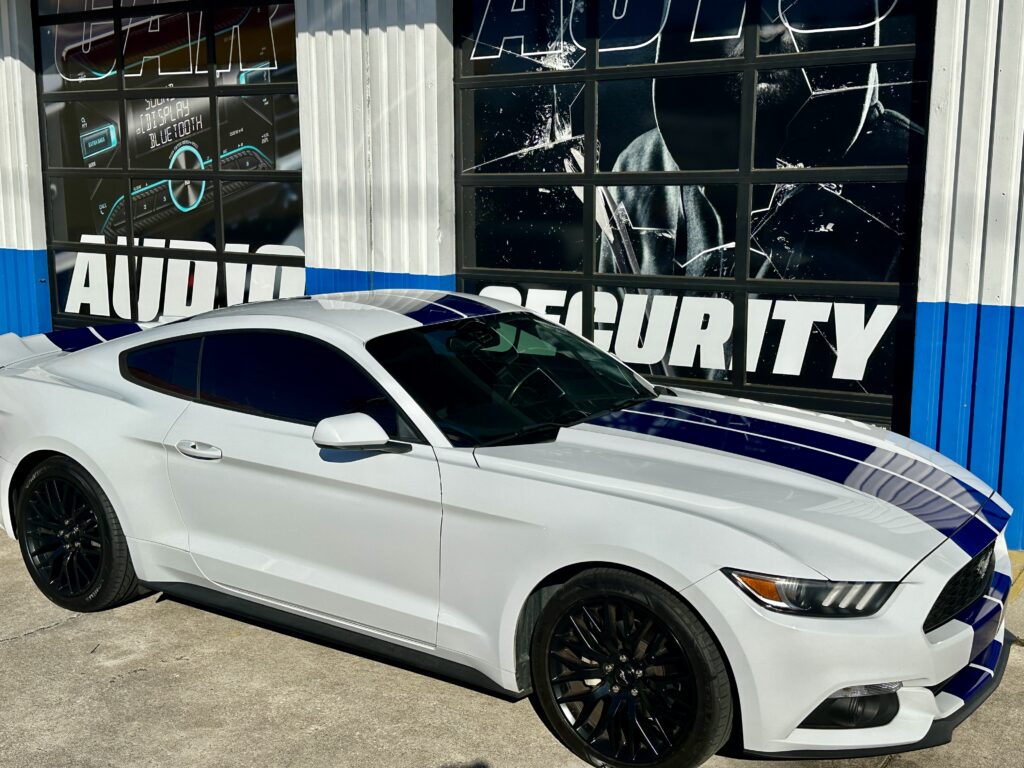 Ford Mustang Racing Stripes installed at Audio Designs & Custom Graphics in Jacksonville, Florida