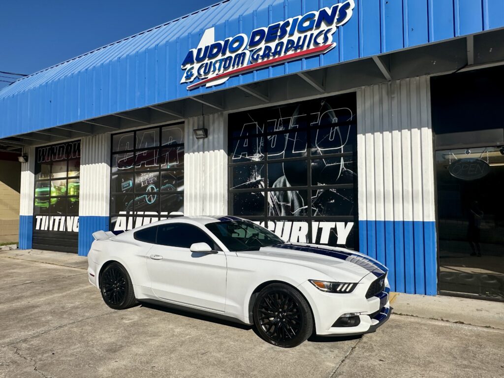 Ford Mustang Racing Stripes installed at Audio Designs & Custom Graphics in Jacksonville, Florida